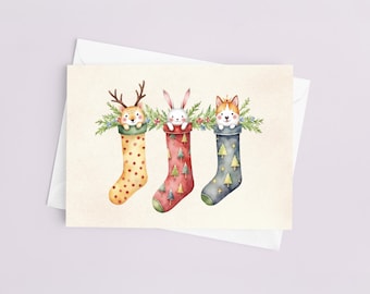 Kerstkaartenset met dierenkousen - konijn aquarel, kerstkaarten, schattige kerstkaarten, geschilderde kerstkaarten, coquette Christmas