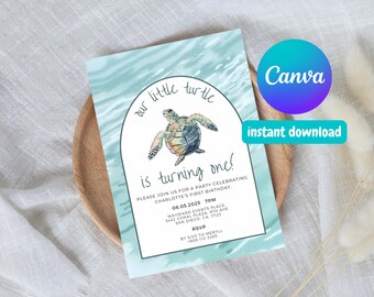 Sea Turtle Birthday Invitation - Canva Template Invite, Beach, Florida, Baby 1st Birthday Invite, Kids Birthday Invite, Watercolor