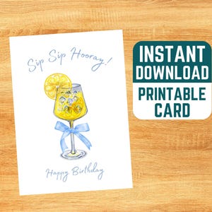 Afdrukbare verjaardagskaart limoncello spritz - Sip Sip Hoera, Coquette Bday Card, Instant Download, Aquarel, Citroen, Geelblauw, Italië