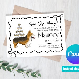 Bearbeitbare Champagner Corgis Einladung - Canva Vorlage Geburtstag einladen, Champagner Party, sofortiger Download, Aquarell, handbemalt, Bday, Hund