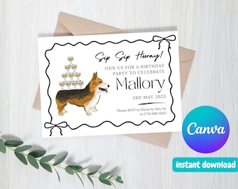 May include: A white birthday party invitation with black text and a black and white illustration of a corgi dog wearing a stack of champagne glasses. The text reads "Sip Sip Hooray! Join us for a birthday party to celebrate Mallory 3rd May 2025. Please RSVP to Maria by May 1st to (770) 666-6425."