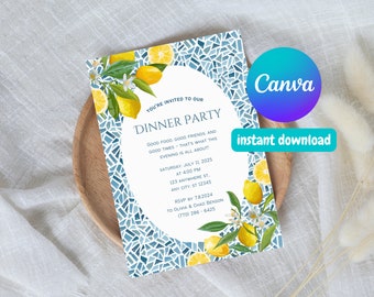 Editable Mediterranean Dinner Party Invitation - Canva Template Birthday Invite, Lemon, Blue Mosaic, Party Invite, Boho Printable Invitation