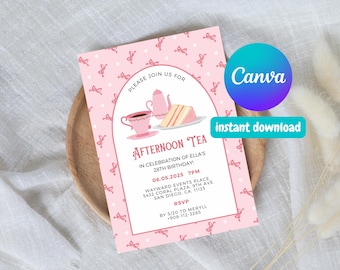 Bearbeitbare Einladung zum Nachmittagstee - Canva Template Invite, Pink, Mädchen Geburtstag einladen, Tee-Party, Paris, High Tea, Bday einladen, Schleife