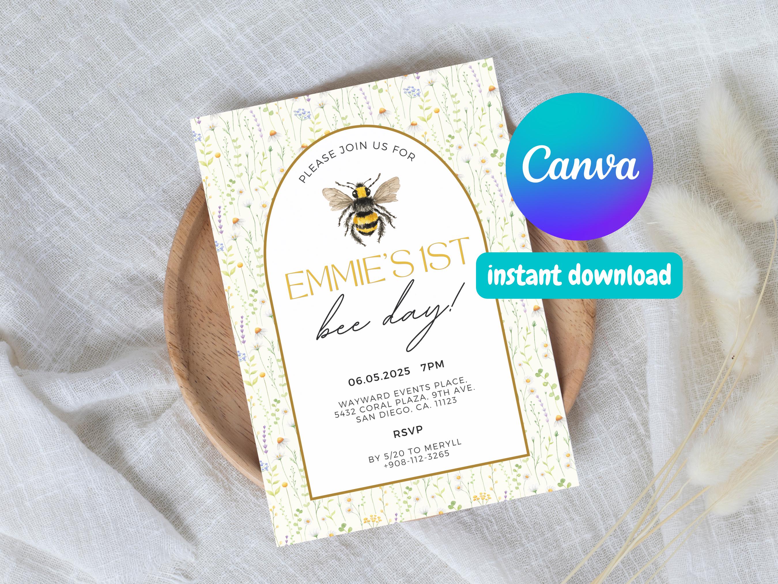 Honey Bee Birthday Invitation - Canva Template Invite, Coquette, Baby ...