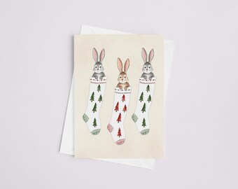 Kerstkaartenset konijnenkousen - konijn aquarel, kerstkaarten, schattige kerstkaarten, geschilderde kerstkaarten, coquette Christmas