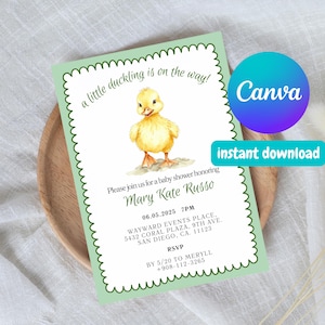 編集可能なアヒルの子のベビーシャワー招待状 - Canva テンプレート招待状、コケット、アヒル、水彩動物、春の出産のお知らせ、イースターの赤ちゃん