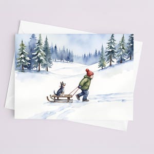 Dog Sled Christmas Card Set - Winter Watercolor, Holiday Cards, Cute Xmas Cards, Painted Christmas Cards, Winter, Colorado, Snowy Stationery