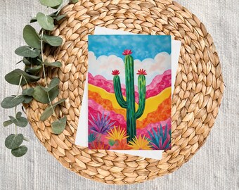 Papelería con temática de arte pop de cactus: tarjetas de notas, tarjetas en blanco, tarjetas de felicitación, tarjetas de agradecimiento, estilo western, suroeste, Arizona, arcoíris.