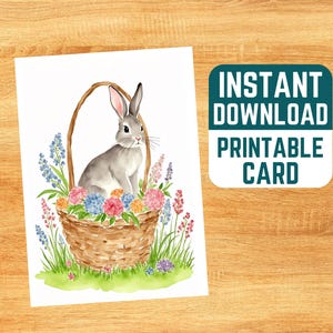Cartão de Páscoa para Imprimir Coelho 2 - Cartão de Páscoa, Primavera, Arte em Aquarela, Download Instantâneo, Vida Selvagem, Aquarela de Coelhos, Cesta, Coquete