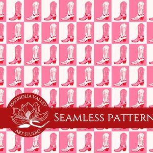May include: A seamless pattern featuring pink and white cowboy boots arranged in a grid against a pink and white checkered background. The design includes the text "SEAMLESS PATTERN" and a logo.