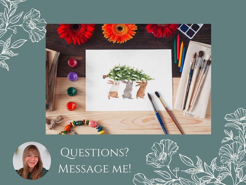 Pode incluir: Pintura em aquarela de tr&ecirc;s coelhos carregando uma &aacute;rvore de Natal. A obra de arte &eacute; cercada por materiais de arte, incluindo pinc&eacute;is, l&aacute;pis de cor e tinta. O texto "QUESTIONS? MESSAGE ME!" est&aacute; na parte inferior da imagem.