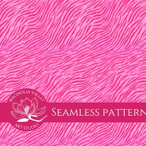 May include: A seamless pattern featuring a pink and white zebra stripe design. The pattern is framed by a red banner with the text "Magnolia Valley Art Studio" and "Seamless Pattern" in white.