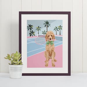 Pink Poodle Tennis Watercolor Art Print - Coquette, Girly Wall Art, Hollywood, LA Wall Art, Miami, Pink, Dog Poster, Maximalist, Puppy Art