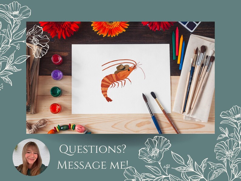 May include: A watercolor painting of a shrimp wearing a cowboy hat. The painting is on a white sheet of paper, surrounded by paintbrushes, paint tubes, and crayons. The background is a wooden table with flowers.