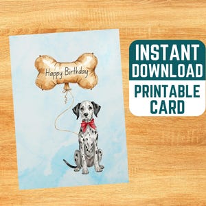 Cartão de aniversário dálmata para impressão - Cartão de aniversário em aquarela, download instantâneo, Cartão de aniversário de cachorrinho, Cartão de aniversário para amante de cães, Cartão de festa fofo