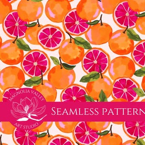 Può includere: Motivo senza cuciture con arance e arance rosse ad acquerello, con foglie verdi su sfondo chiaro. Il design presenta agrumi interi e a fette, creando un'estetica vibrante. Il testo "SEAMLESS PATTERN" è visualizzato su uno striscione rosa.