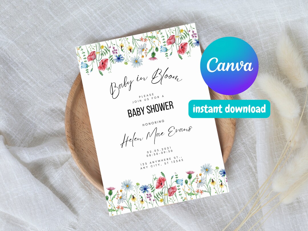 Editable Baby Shower Invitation - Canva Template Invite, Wildflower ...
