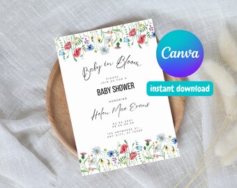 Editable Baby Shower Invitation - Canva Template Invite, Wildflower, Baby in Bloom, Baby Shower Invite, Instant Download, Printable Invite