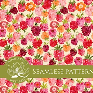 Himbeer Muster - Scrapbookpapier, druckbares Muster, sich wiederholende Kunstkachel, Obst, Beere, Pink, Orange, Stoffmuster, Sublimation