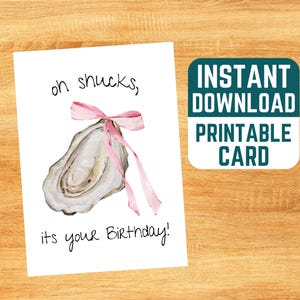 Austern Grußkarte zum Ausdrucken - Kokette Geburtstagskarte, Sofort Download, Aquarell, DIY Karte, herzlichen Glückwunsch, oh shucks es ist dein Geburtstag, rosa Schleife