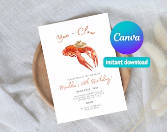 Pode incluir: Um cartão de convite branco com uma ilustração vermelha e laranja de um lagostim usando um chapéu de caubói. O texto no cartão diz "Yee-Claw Maddie's 28th Birthday!" com a data e hora do evento, local e informações de RSVP.