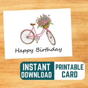 Carte d'anniversaire vélo imprimable - joyeux anniversaire, aquarelle, téléchargement immédiat, vélo, cycle, carte d'anniversaire amateur de vélo, carte d'anniversaire numérique