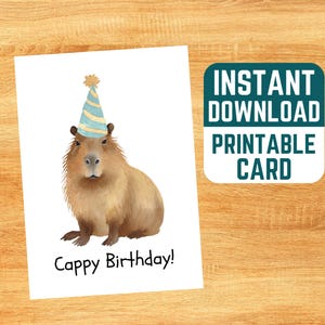 Cartão de aniversário Cappy para impressão - Cartão de aniversário em aquarela, download instantâneo, aniversário de capivara, cartão de aniversário para amantes de animais, cartão de aniversário fofo para crianças