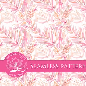 May include: A seamless pattern featuring pink and orange watercolor leaves. The pattern is surrounded by a pink banner with the text "Magnolia Valley Art Studio" and "Seamless Pattern".