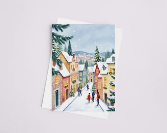 Kerststad kerstkaartenset - winteraquarel, kerstkaarten, leuke kerstkaarten, geschilderde kerstkaarten, Colorado, besneeuwde stad