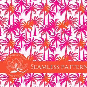 May include: Seamless pattern featuring a vibrant arrangement of pink and orange palm trees on a white background. The design includes the text "Seamless Pattern" on an orange banner, with the "Magnolia Valley Art Studio" logo.