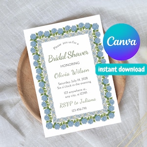Editable Bridal Shower Invitation - Canva Template Invite, Hydrangea, Flower, Watercolor Floral, Blue, Instant Download, Printable Invite