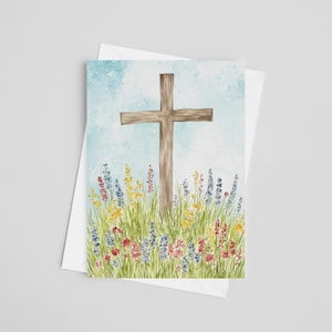 Carte aquarelle croix en fleurs - carte de Pâques, printemps, carte de voeux personnalisée, confirmation, baptême, chrétien, fleurs, carte personnalisée
