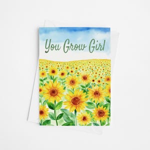 Wenskaart You Grow Girl - aquarel zonnebloemveld, afstudeerkaart, gefeliciteerd, beste wensen, gefeliciteerd, nieuwe baan, verhuizen, doe-het-zelfkaart