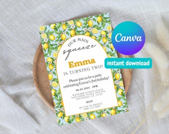 Lemon Birthday Invitation - Canva Template Invite, Coquette, Baby 1st Birthday Invite, Main Squeeze, Kids Birthday Invite, Lemonade, Yellow