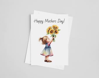 Mothers Day 2 Greeting Card - Mothers Day Card, Watercolor Card for Mom, floral, pastel, from daughter, little girl, sunflower toddler