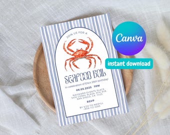 Editable Seafood Boil Invitation - Canva Template Birthday Invite, Party Invite, Coastal, Snowcrab, Crab Boil, New England, Cape Cod, Maine