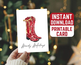 Printable Howdy Holidays Card - Watercolor Art, Cowgirl Christmas, Red Cowboy Boots, Western Xmas Cards, Texas, Nashville, Instant Download