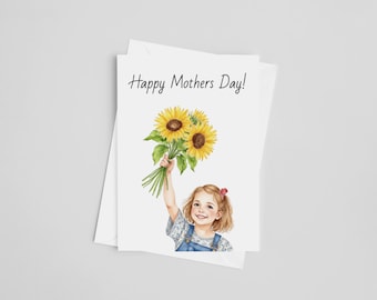 Tarjeta de felicitación del Día de la Madre - Tarjeta del Día de la Madre, Tarjeta de acuarela para mamá, floral, pastel, de hija, niña, niña girasol, niño pequeño