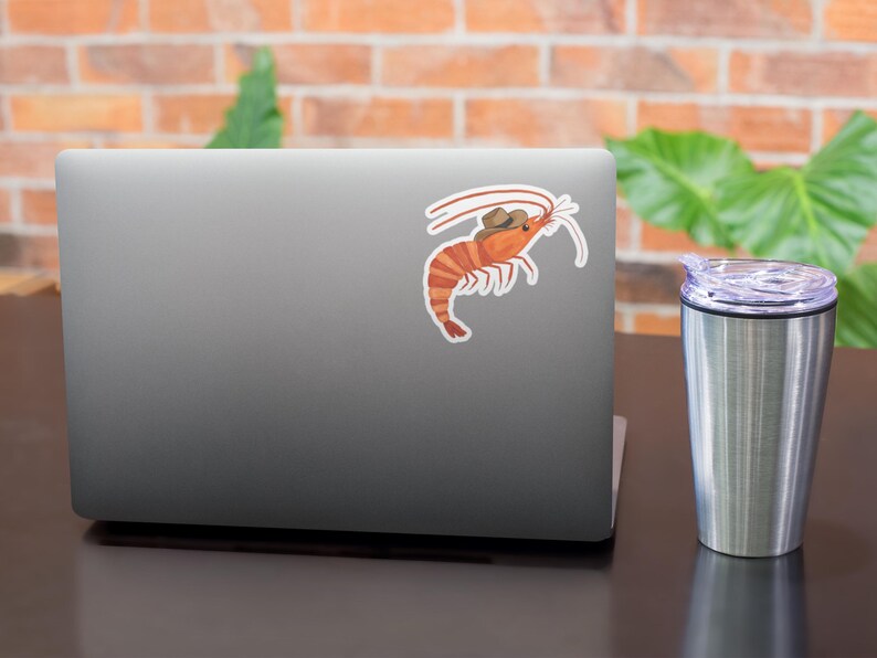 May include: A sticker of a cartoon shrimp wearing a cowboy hat. The shrimp is orange and white with a brown hat. The sticker is on a silver laptop.
