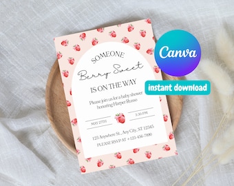 Editable Baby Shower Invitation - Canva Template Invite, Strawberry, Strawberries, Coquette, Berry Sweet, Instant Download, Printable Invite