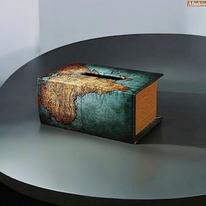Caja de pañuelos moderna, caja de pañuelos de lujo, caja de pañuelos de madera, caja de pañuelos estilo mapa, caja de pañuelos con simulación de libro, organizador de pañuelos, regalo único