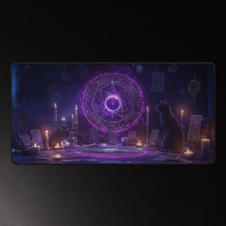 Puede incluir: Alfombrilla de rat&oacute;n morada y negra con una escena m&iacute;stica. Un c&iacute;rculo p&uacute;rpura brillante con una estrella en el centro, rodeado de velas, cartas del tarot y un gato negro. El fondo es oscuro con toques de azul.