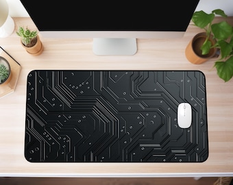 Dark Tech Extended Gaming Mouse Pad – Minimalist Circuit Desk Mat for PC Setup – Futuristic Desk Pad