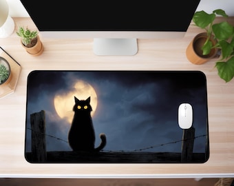 XXL Black Cat Mousepad - Gift For Cat Lovers - Halloween Desk Decor - Creepy Cat Desk Mat - Glowing Eyes Mousepad