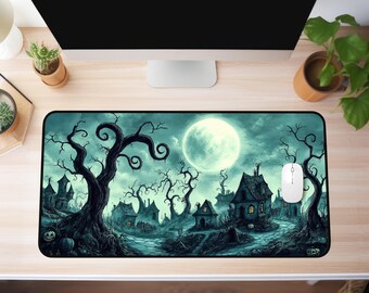 XXL Spooky Landscape Mousepad – Large Desk Mat with Crooked Houses, Spiral Hills & Pale Moon, Halloween Gothic Gaming Pad