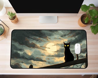 XXL Black Cat Mousepad - Gift For Cat Lovers - Halloween Desk Decor - Creepy Cat Desk Mat