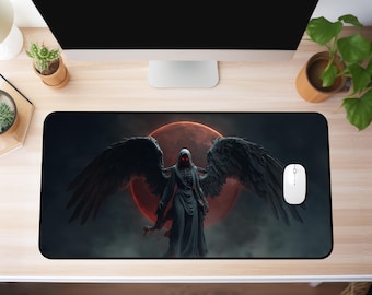 XXL Fallen Angel Mousepad – Fallen Angel With Skeletal Wings Design , Large Gaming Desk Mat, Blood Red Moon Mousepad