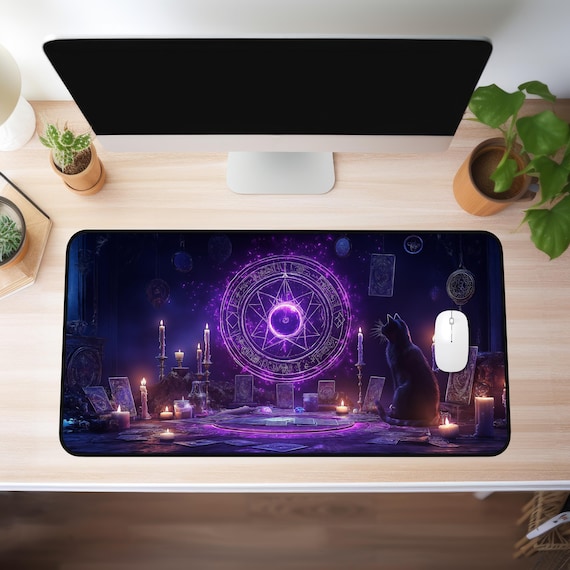 XXL Witchy Gaming Mouse Pad – Mystic Cat & Magic Circle Desk Mat, Fantasy Altar Aesthetic, Tarot And Candle Art Mousepad for Witches