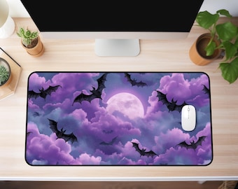 XXL Bat Moon Mouse Pad – Gothic Purple Cloud Desk Mat, Pastel Goth Aesthetic Gaming Mousepad, Spooky Gift for Dark Decor Lovers