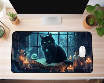 XXL Witch Cat Mouse Pad – Gothic Spellbook Desk Mat, Witchy Black Cat Aesthetic Gaming Mousepad, Dark Academia Gift for Gamers & Witches